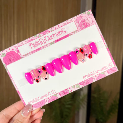 Hot pink flowers Acrylic Press on nails