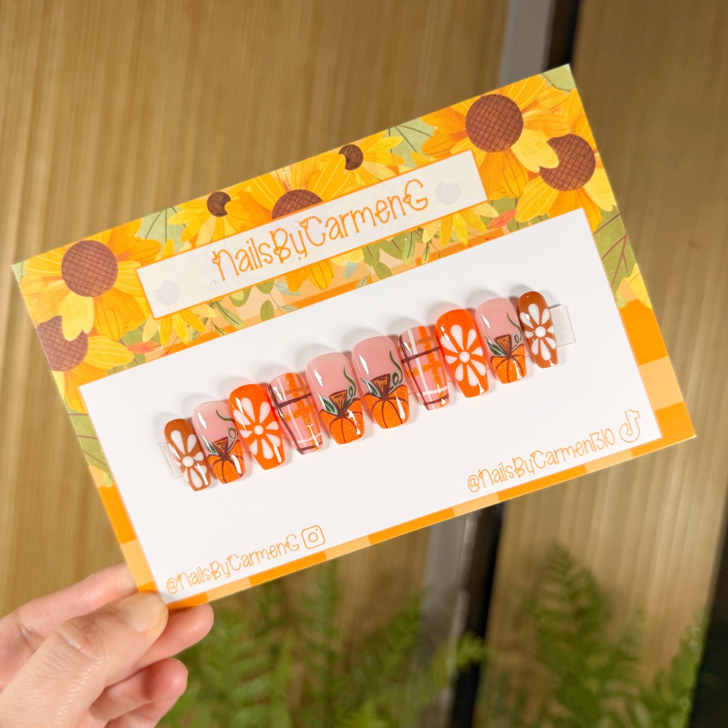 Glitter Pumpkin plaid French tip Acrylic Press on nails