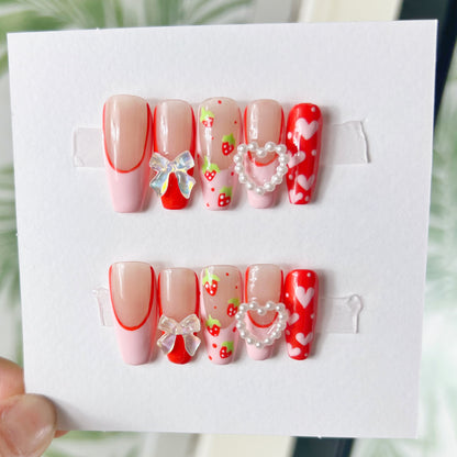 Strawberries, bows and hearts Acrylic Press on nails