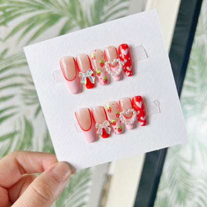 Strawberries, bows and hearts Acrylic Press on nails