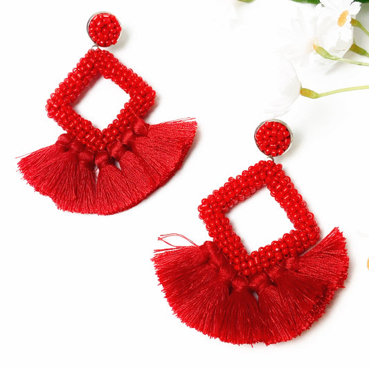 RED BEADED TASSEL EARRINGS