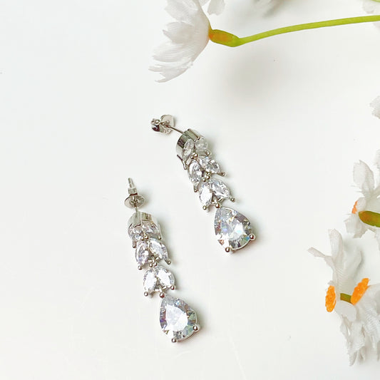 Silver plated zirconia leaf shape drop earrings