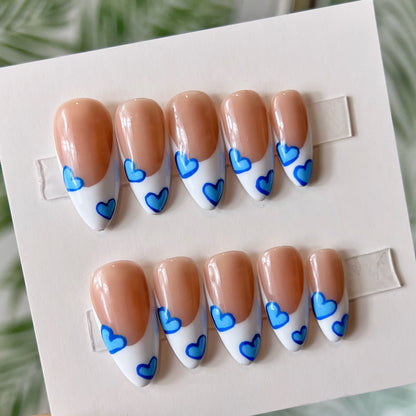 Blue Heart French Tip Acrylic Press on nails