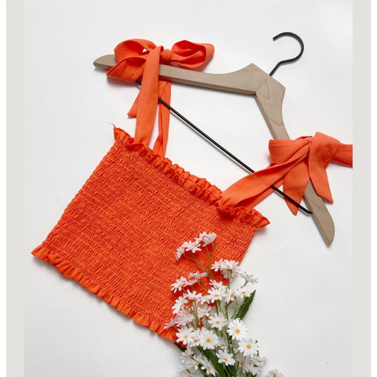 Orange Self-Tie Shoulder Smocked Top