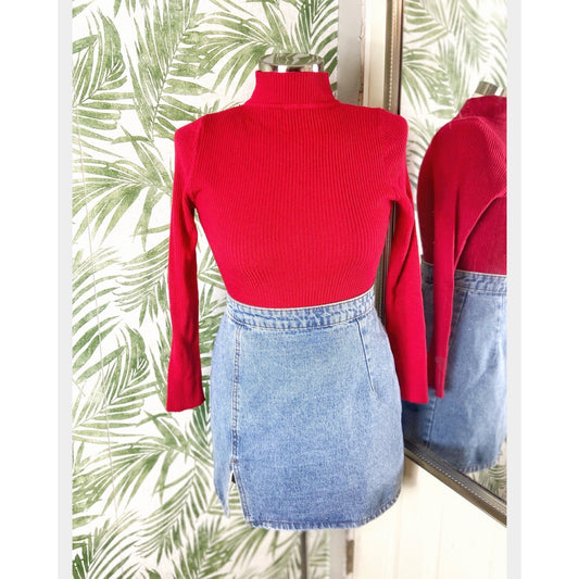 Red Ribbed Turtleneck Sweater