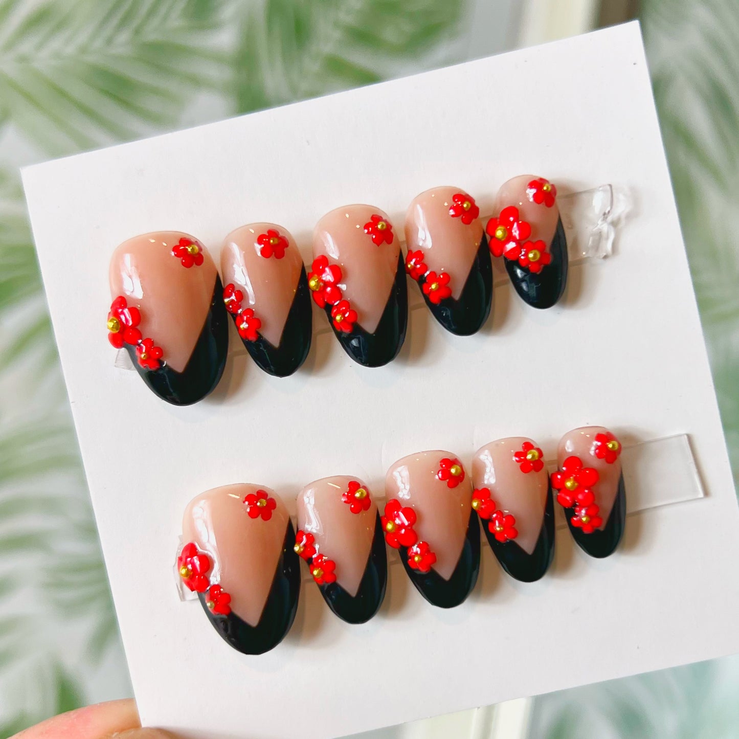 Black and Red Flower Charms Acrylic Press on nails