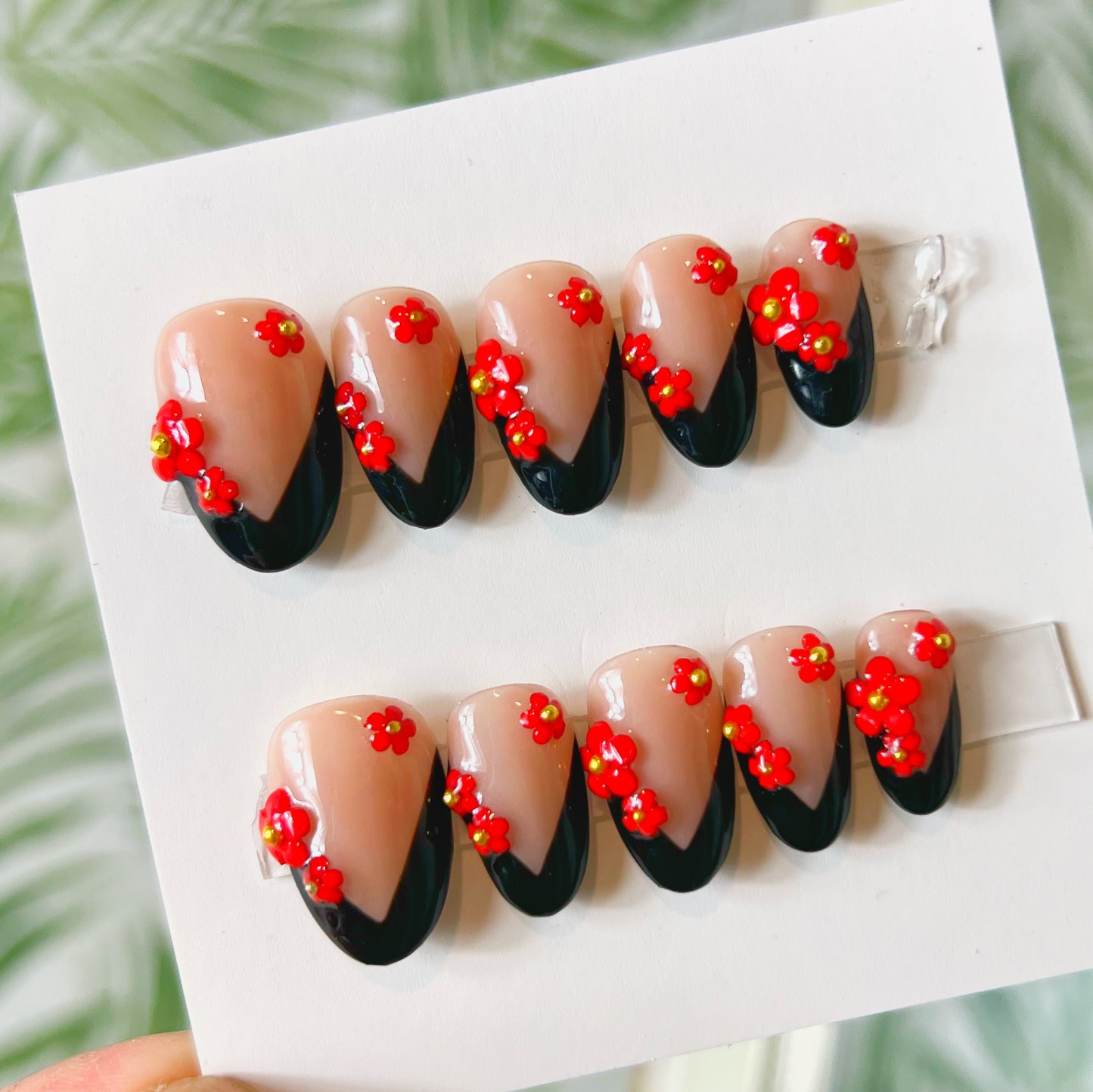 Black and Red Flower Charms Acrylic Press on nails