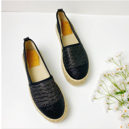 Black Glittery Contrast Platform Espadrilles