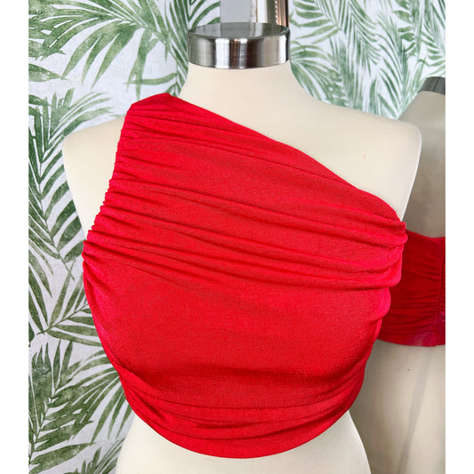 Elisa Red One Shoulder Ruched Crop Top