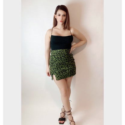 Green Cheetah Print Side Slit Mini Skirt