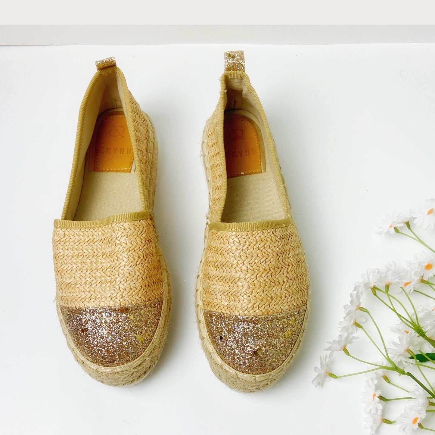 Straw Glittery Contrast Platform Espadrilles