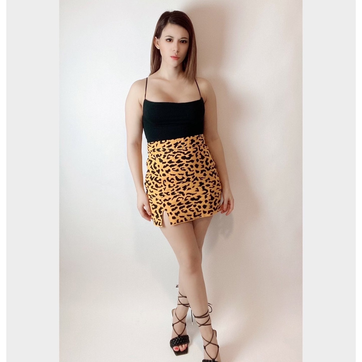 Yellow Cheetah Print Side Slit Mini Skirt