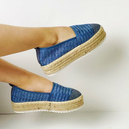 Blue Glittery Contrast Platform Espadrilles