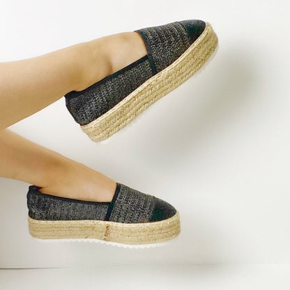 Black Glittery Contrast Platform Espadrilles