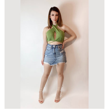 Green Cross Over Halter Crop Top