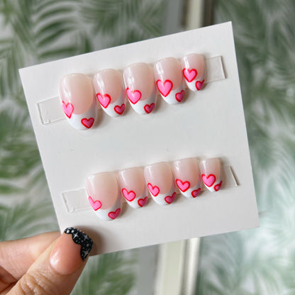 Pink Hearts French Tip Acrylic Press on nails