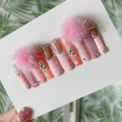 Pom Pom Teddy bear charms Acrylic Press on nails