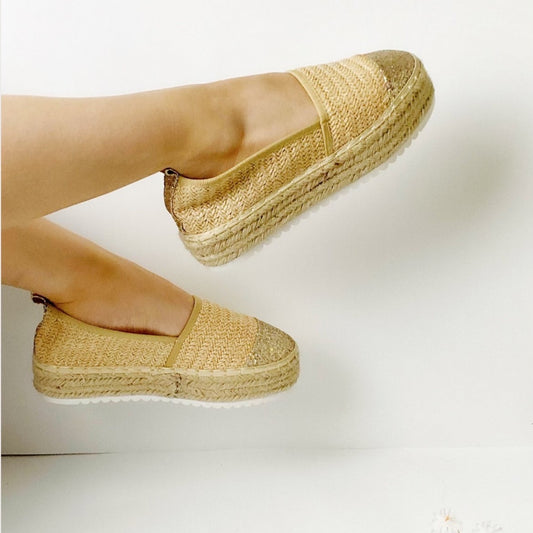 Straw Glittery Contrast Platform Espadrilles