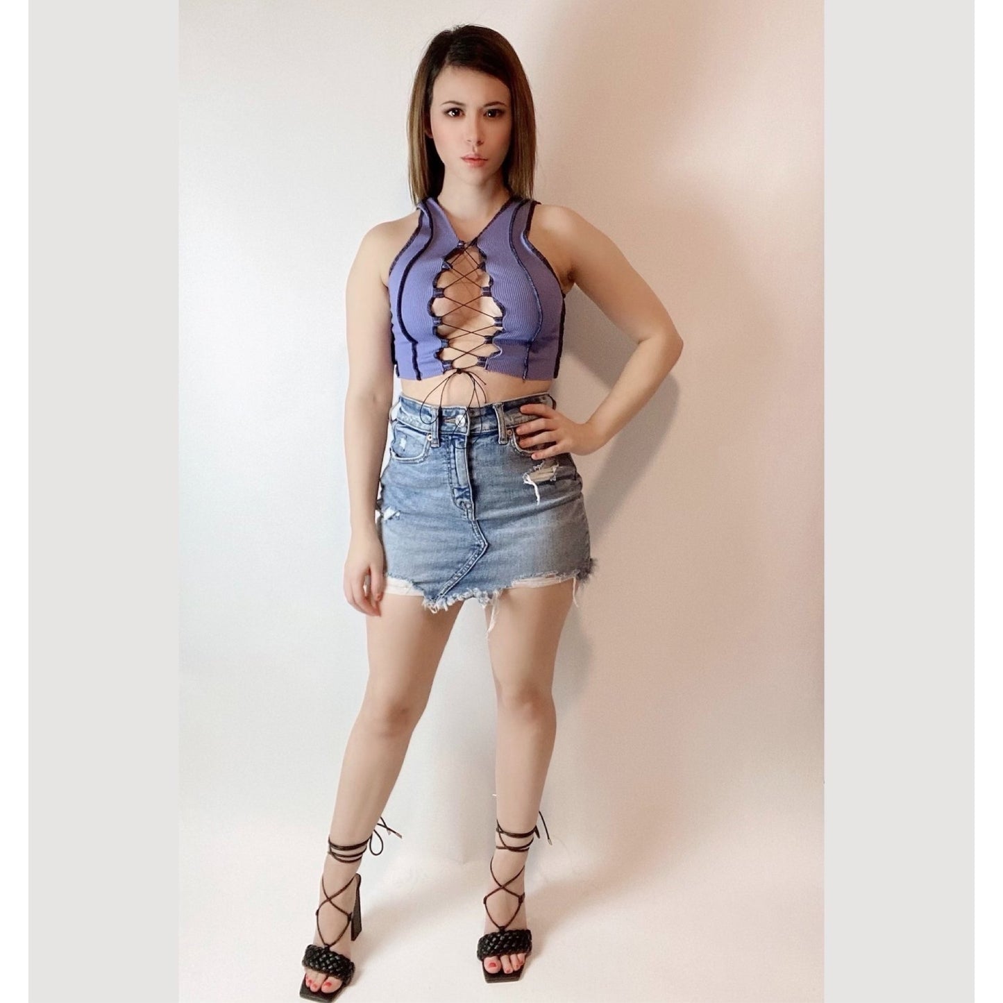 Lace Up Patch Work Crop Top