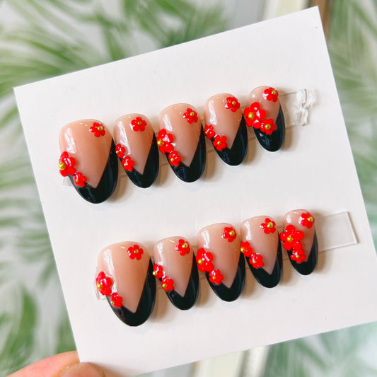 Black and Red Flower Charms Acrylic Press on nails