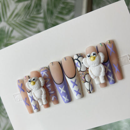 Purple and white Kaws charms Acrylic Press on nails