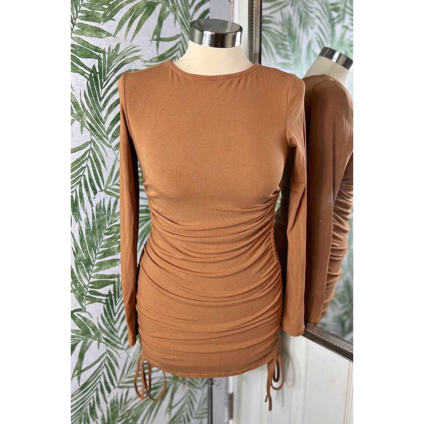 Caramel Ruched Drawstrings Mini Dress