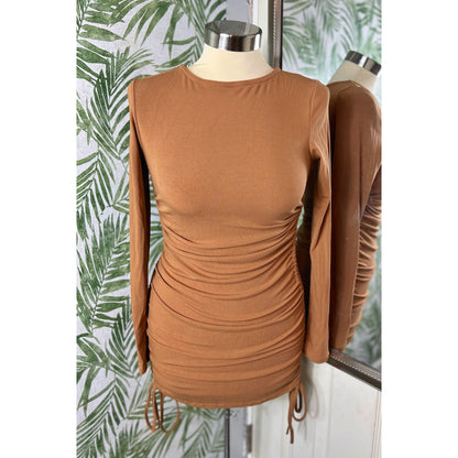 Caramel Ruched Drawstrings Mini Dress