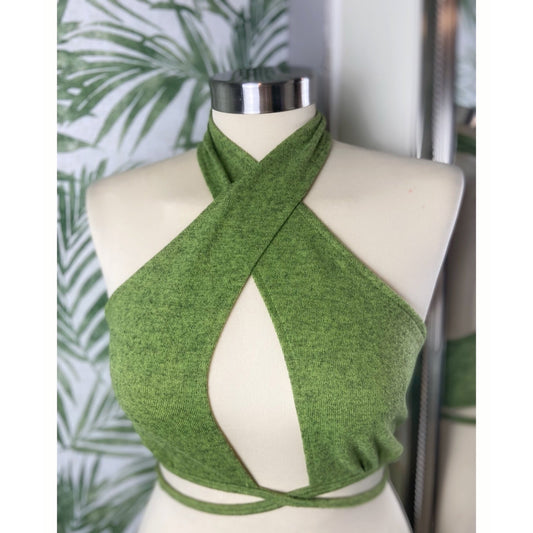 Green Cross Over Halter Crop Top