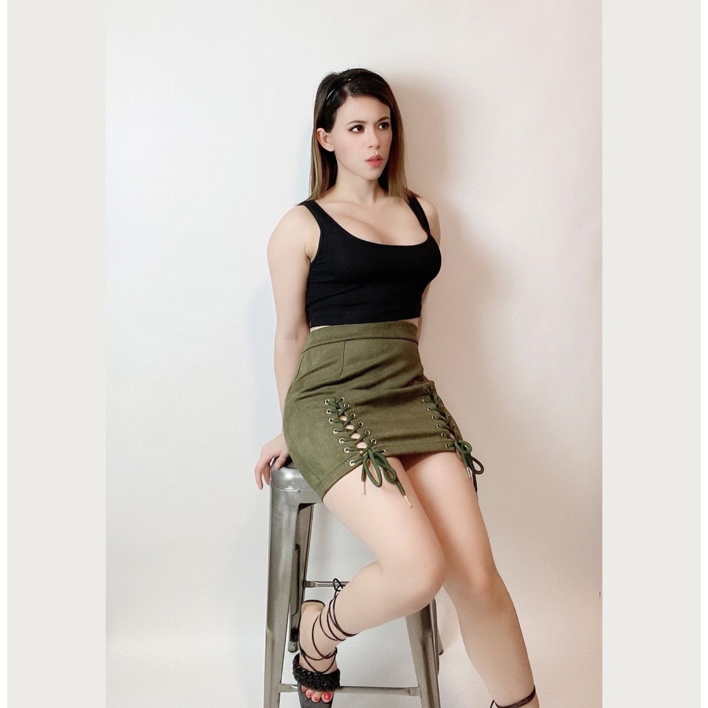 Army Green Lace Up Mini Skirt