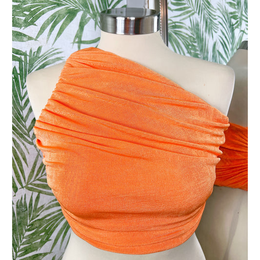 Abby Orange One Shoulder Ruched Crop Top