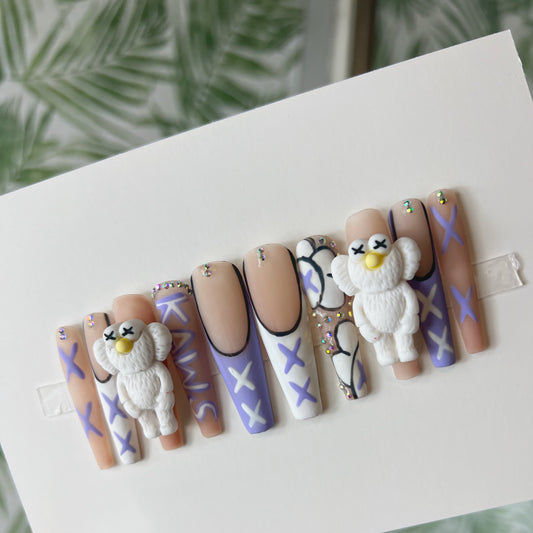 Purple and white Kaws charms Acrylic Press on nails