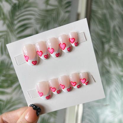 Pink Hearts French Tip Acrylic Press on nails